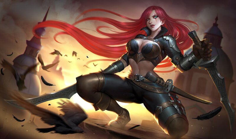 Red-haired Warrior Woman — Red, Dramatic, Sunset, Digital Art, Sword, Crows