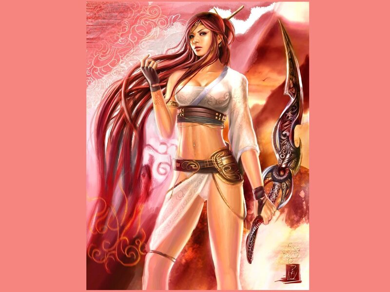 Red-haired Warrior Woman — Red, Dramatic, Sunset, Digital Art, Sword, Long Hair
