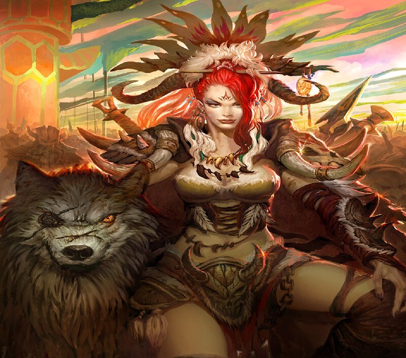 Red-haired Warrior Woman — Red, Dramatic, Sunset, Digital Art, Wolf