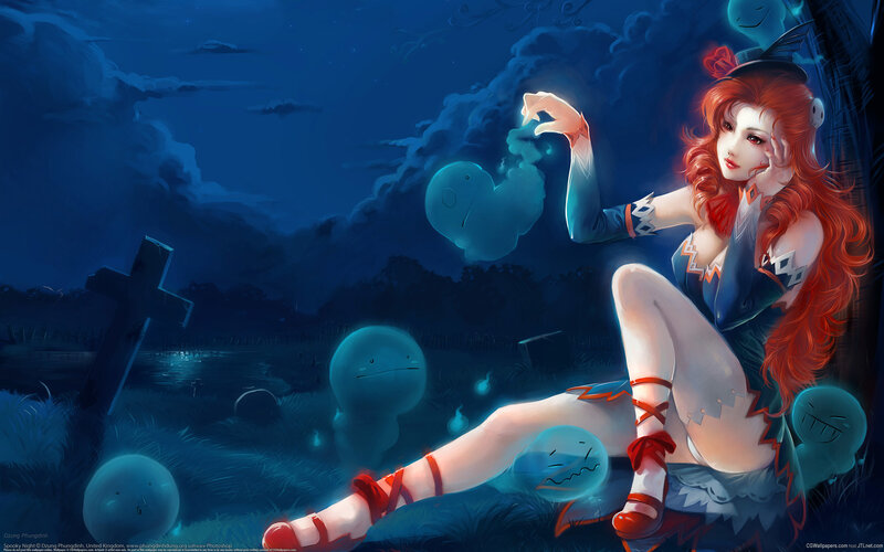 Red-haired witch in a graveyard