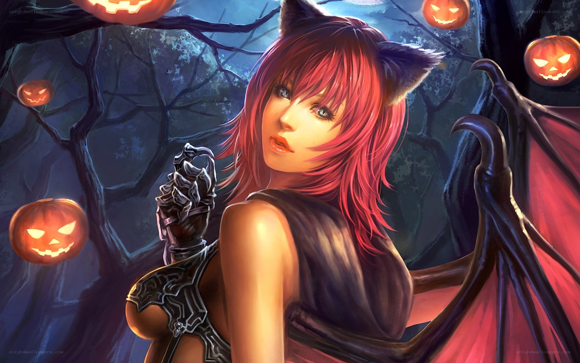 Red-haired witch in a Halloween forest