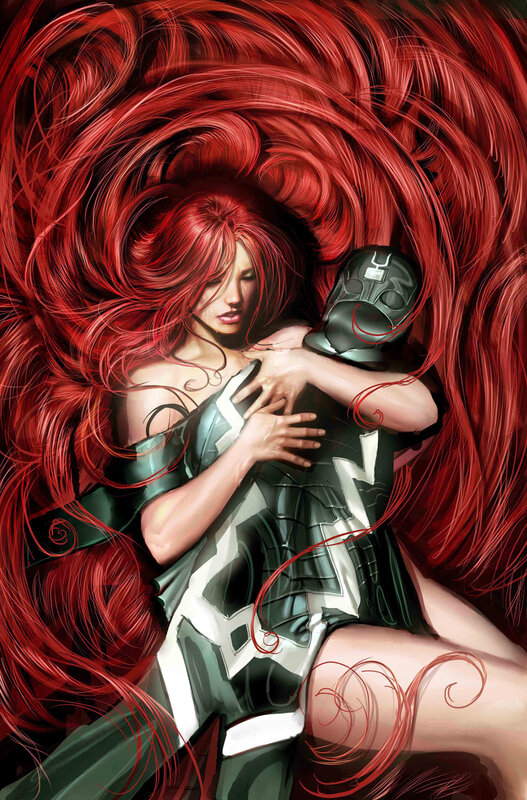 Red-haired woman embracing a helmet