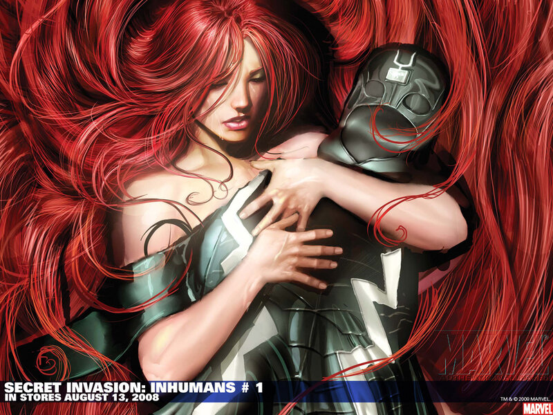 Red-haired woman embracing a masked figure