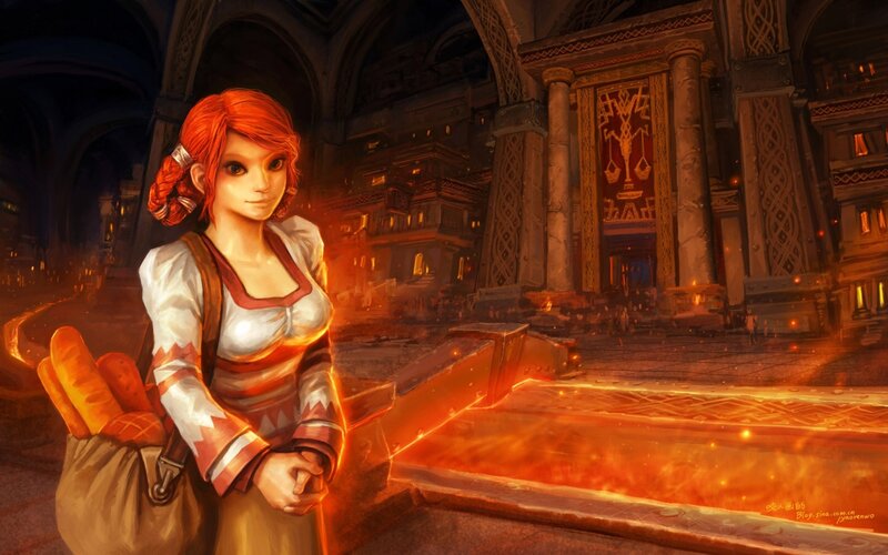 Red-haired woman in a fiery hall