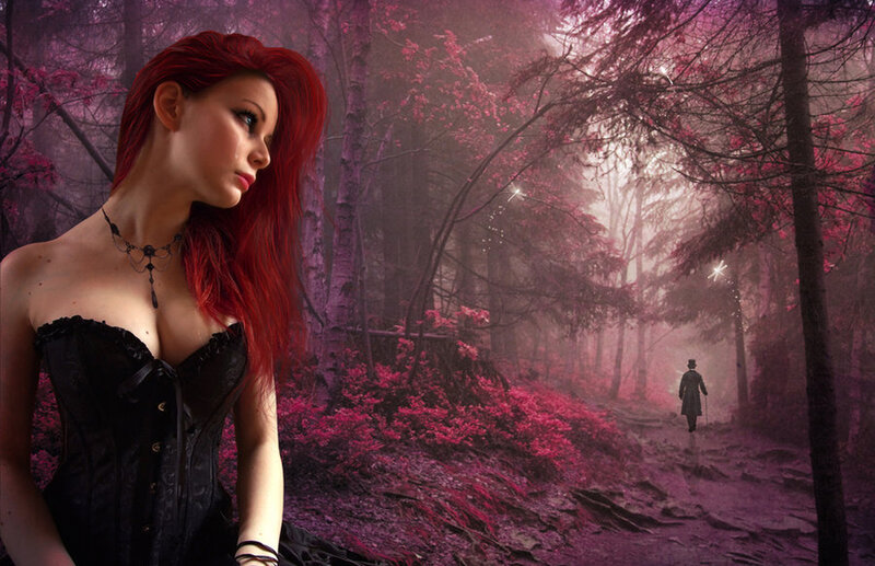 Red-haired woman in a purple forest