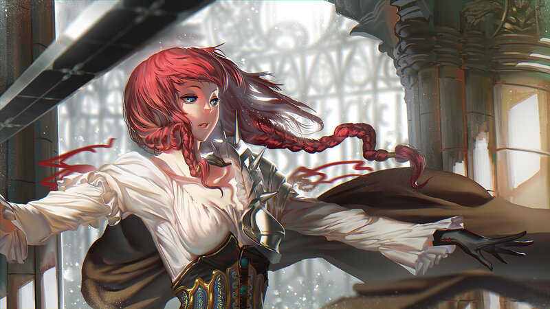 Red-haired Woman in Armor — Red, Dramatic, Digital Art