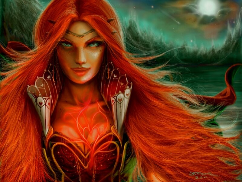 Red-haired Woman in Armor — Red, Dramatic, Night