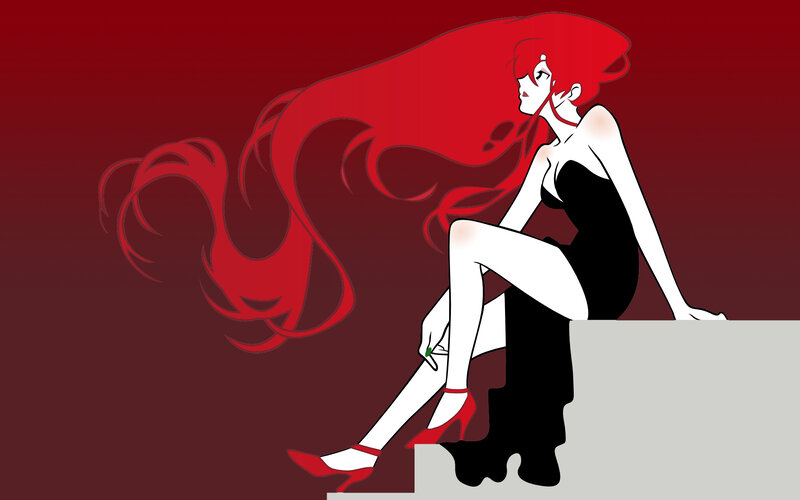 red-haired woman in black dress