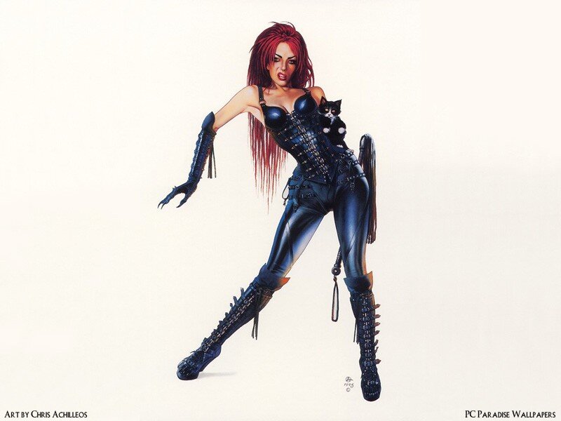 red-haired woman in black leather