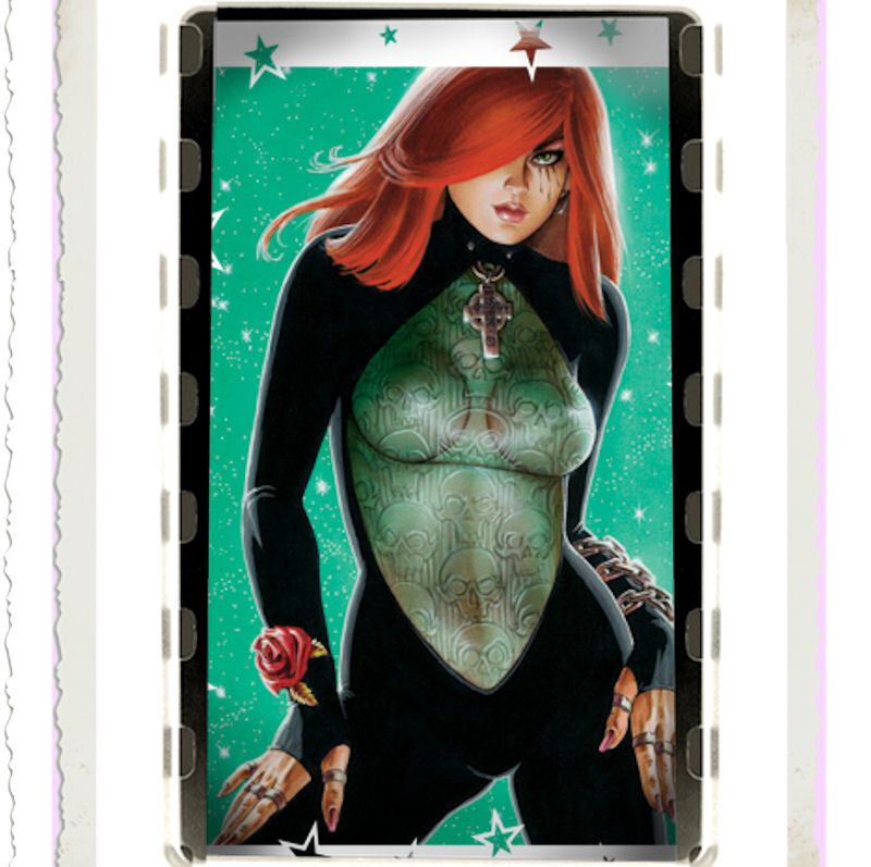 red-haired woman in black suit