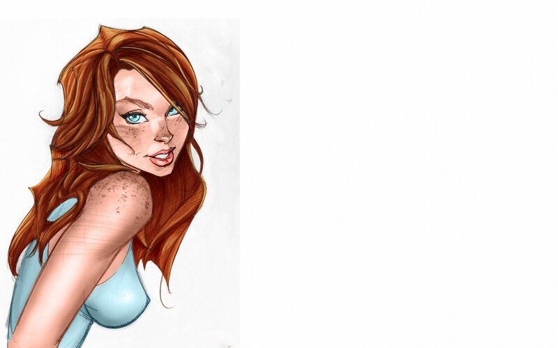 red-haired woman in blue top