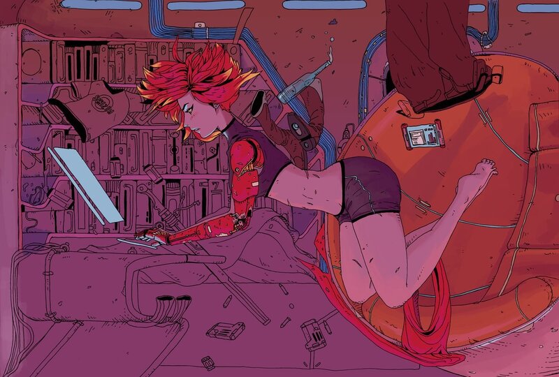 Red-haired Woman in Cockpit — Purple