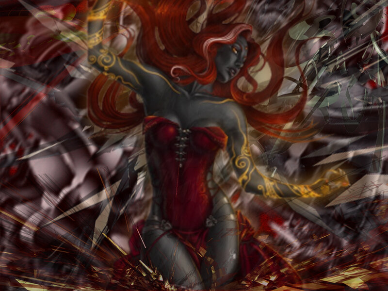 Red-haired Woman in Corset — Red, Dramatic, Digital Art, Sparks