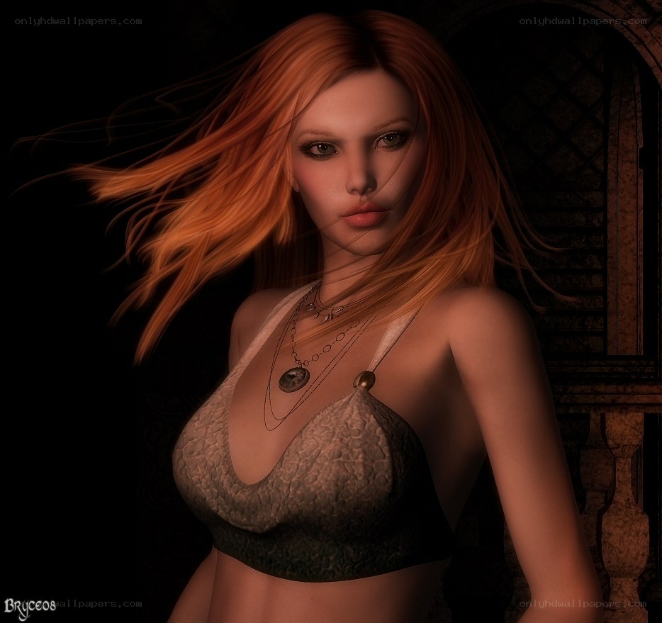 red-haired woman in dark setting