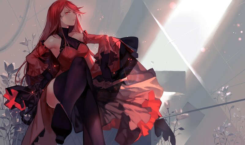 Red-haired Woman in Dress — Red, Dramatic, Digital Art, Gun