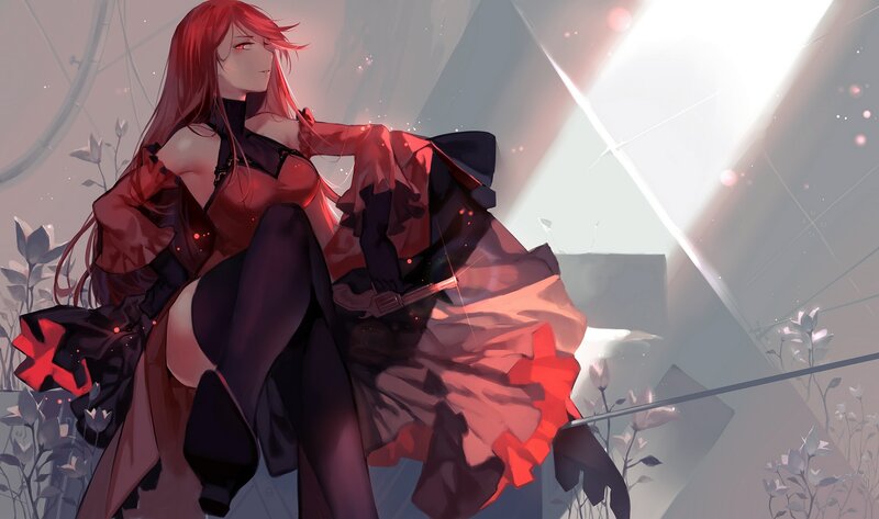 Red-haired Woman in Dress — Red, Dramatic, Digital Art