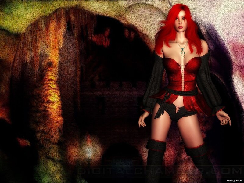 Red-haired woman in fantasy setting