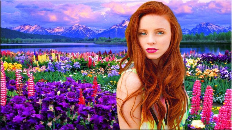 Red-haired Woman in Field — Purple