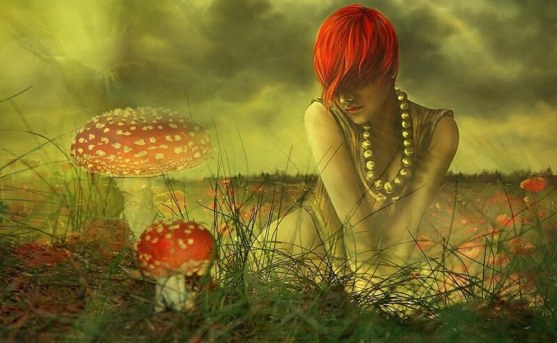 Red-haired Woman in Field — Red, Dreamy