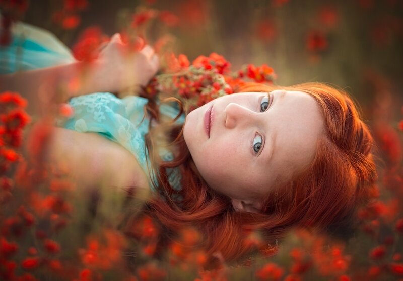 Red-haired Woman in Field — Red, Serene, Sunset