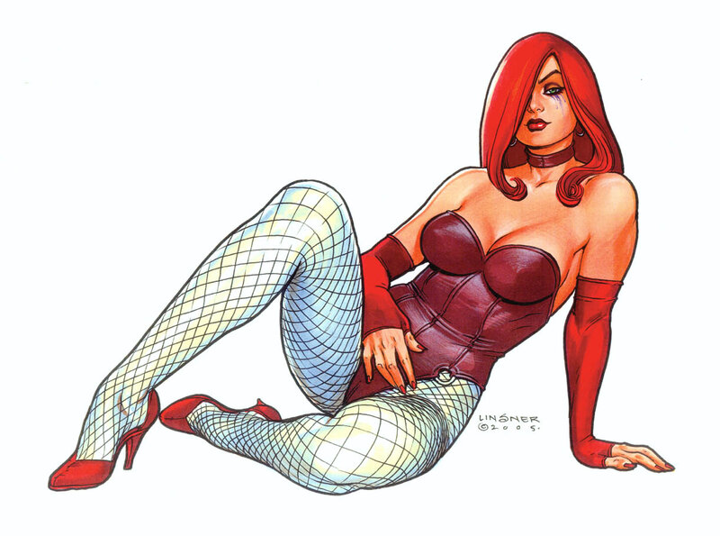 Red-haired woman in fishnet tights