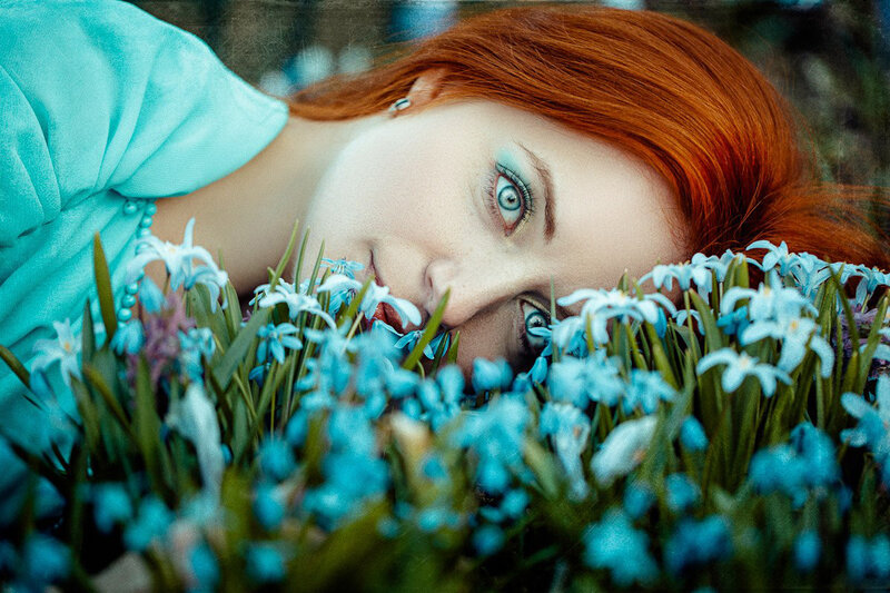 Red-haired Woman in Flowers — Blue
