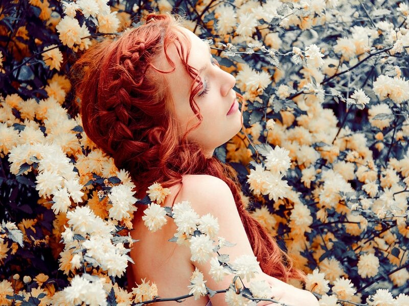 Red-haired Woman in Flowers — Red, Serene
