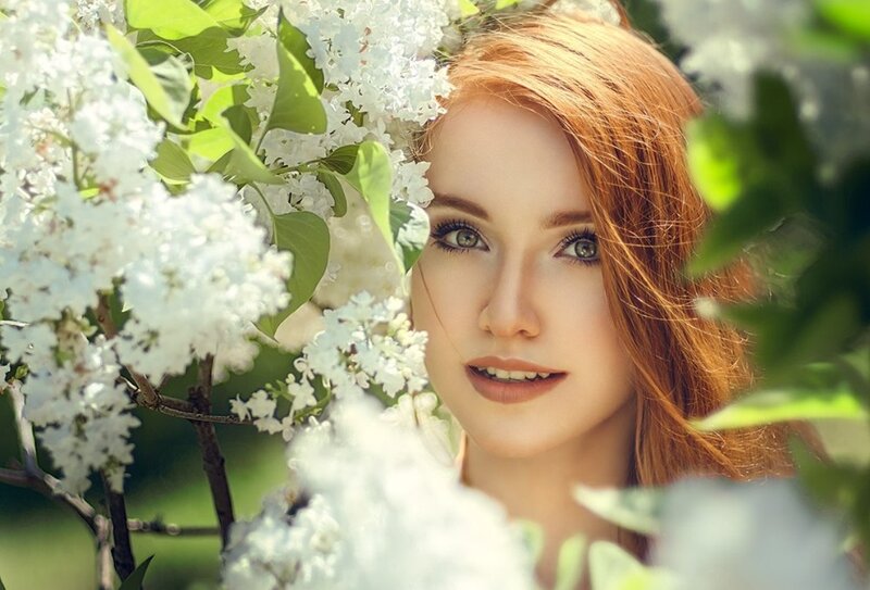 Red-haired Woman in Flowers — White, Serene