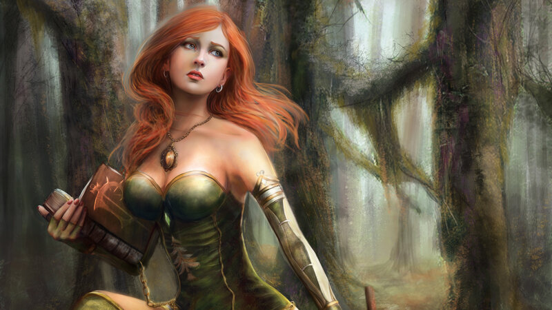 Red-haired Woman in Forest — Green, Dramatic