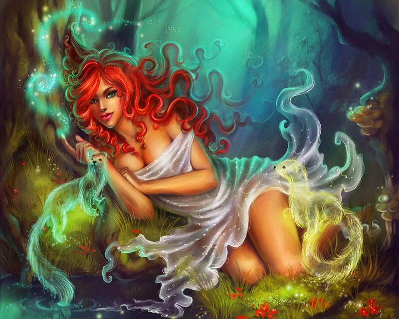 Red-haired Woman in Forest — Green, Magical