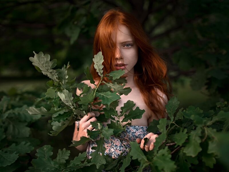 Red-haired Woman in Forest — Green, Serene, Afternoon, Photograph