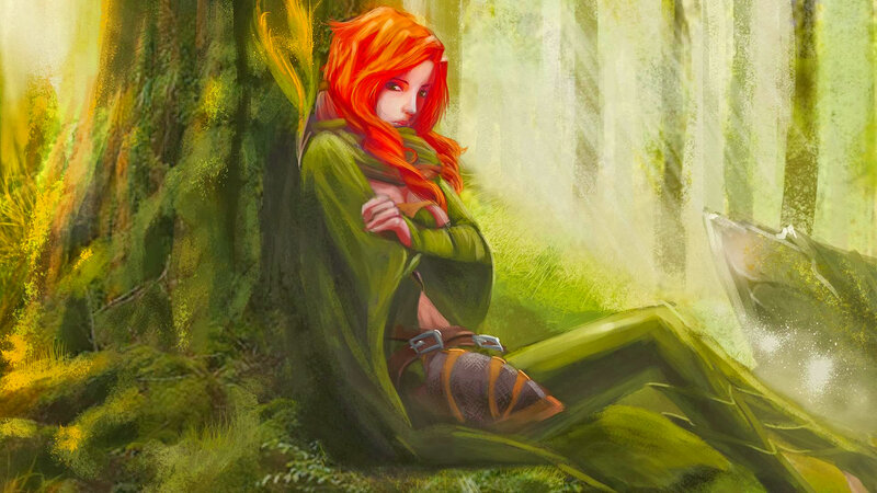 Red-haired Woman in Forest — Green, Serene, Morning, Digital Art