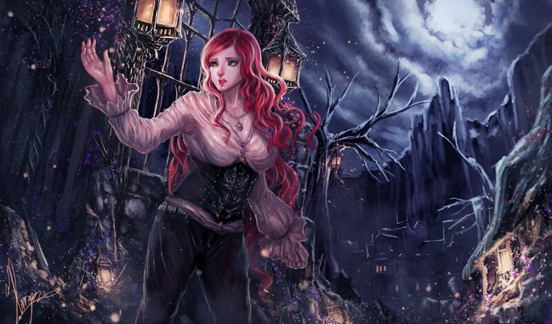Red-haired Woman in Forest — Purple, Dramatic