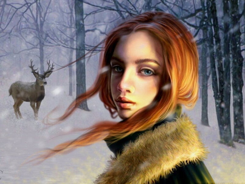 Red-haired Woman in Forest — Red, Serene