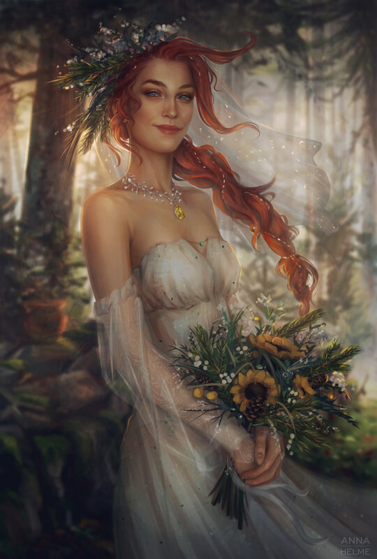 Red-haired Woman in Forest — White