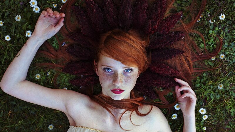 Red-haired Woman in Grass — Red, Serene