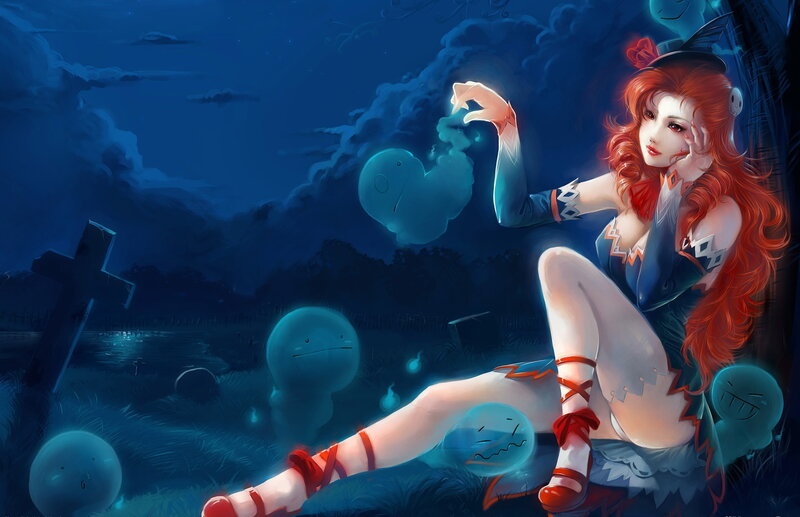 Red-haired Woman in Graveyard — Blue, Mysterious, Night, Digital Art, Ghosts, Gravestone