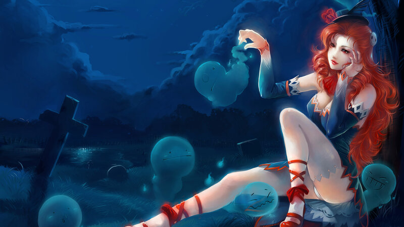 Red-haired Woman in Graveyard — Blue, Mysterious, Night, Digital Art, Ghosts, Gravestones, Moon