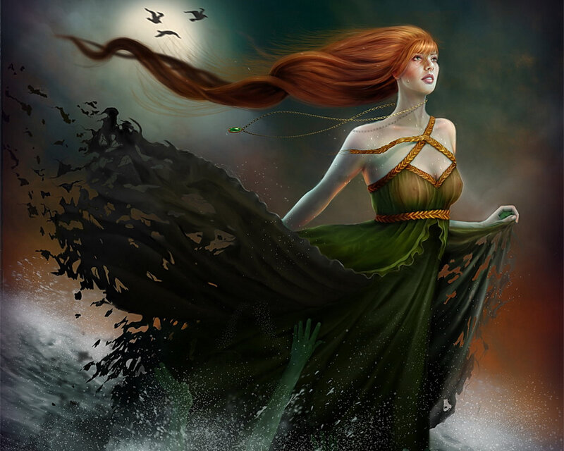 Red-haired woman in green gown