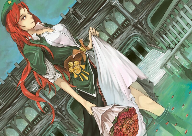 Red-haired woman in green uniform