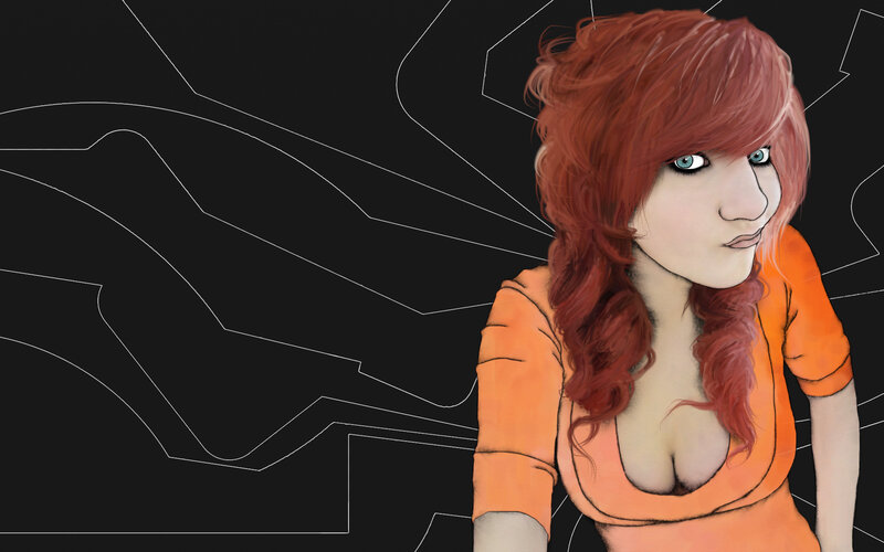 red-haired woman in orange shirt