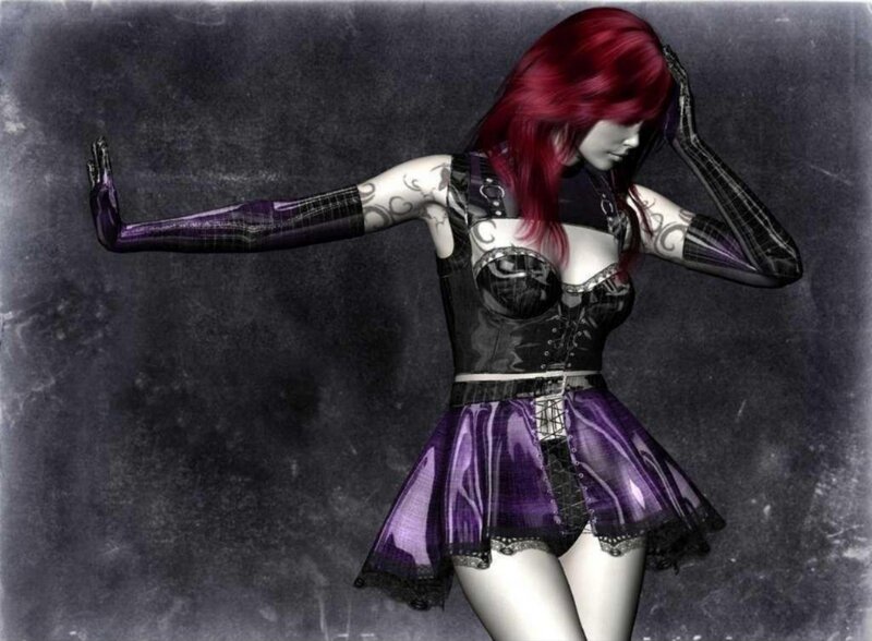 red-haired woman in purple outfit