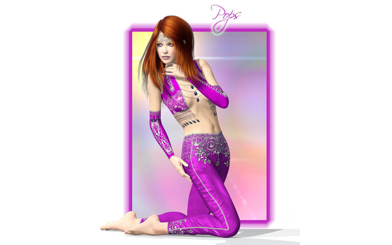 Red-haired woman in purple outfit