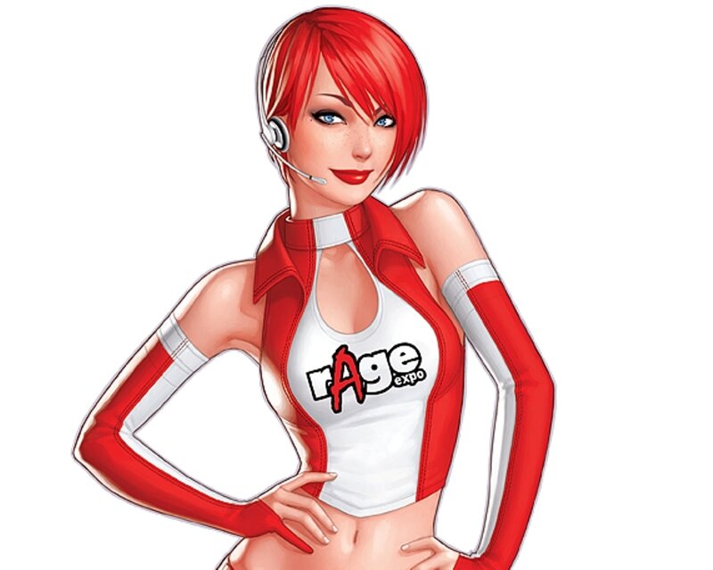 Red-haired woman in rAge expo uniform
