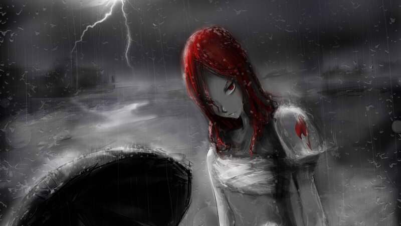 Red-haired Woman in Rain — Gray