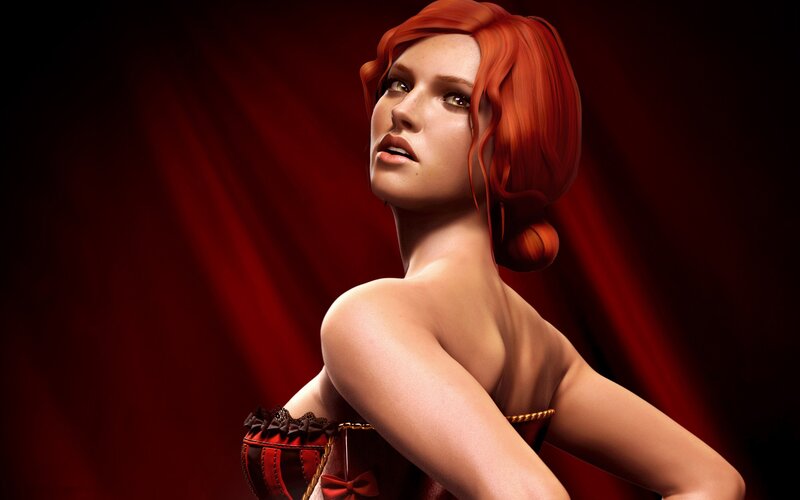 red-haired woman in red dress