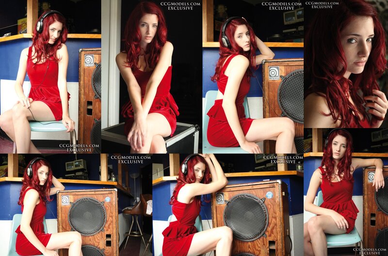 Red-haired woman in red dress