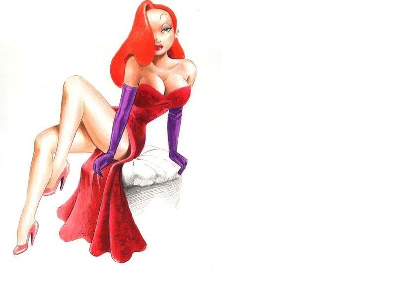 Red-haired woman in red dress