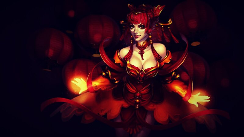 Red-haired Woman in Red Dress — Dramatic, Night, Digital Art, Lanterns