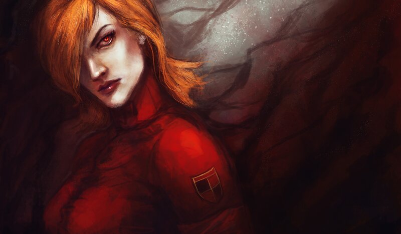 red-haired woman in red uniform